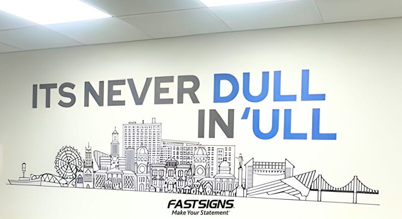 An image of a city skyline wall graphic that says it's never dull in Hull.
